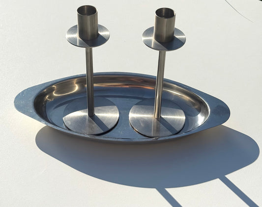 Mid Century silver plated candle holders with separate tray base