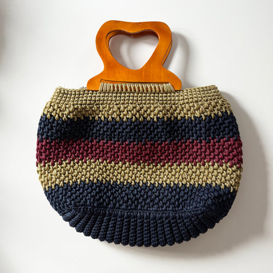 Vintage summery woven striped basket bag with wooden handle.