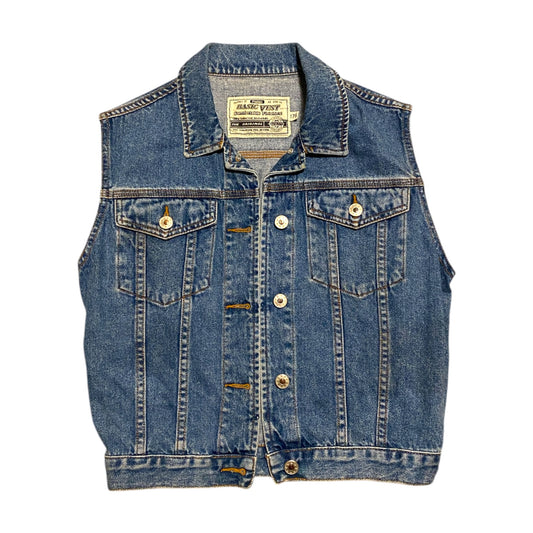 Vintage early 90’s denim sleeveless jacket. Size XS/6.