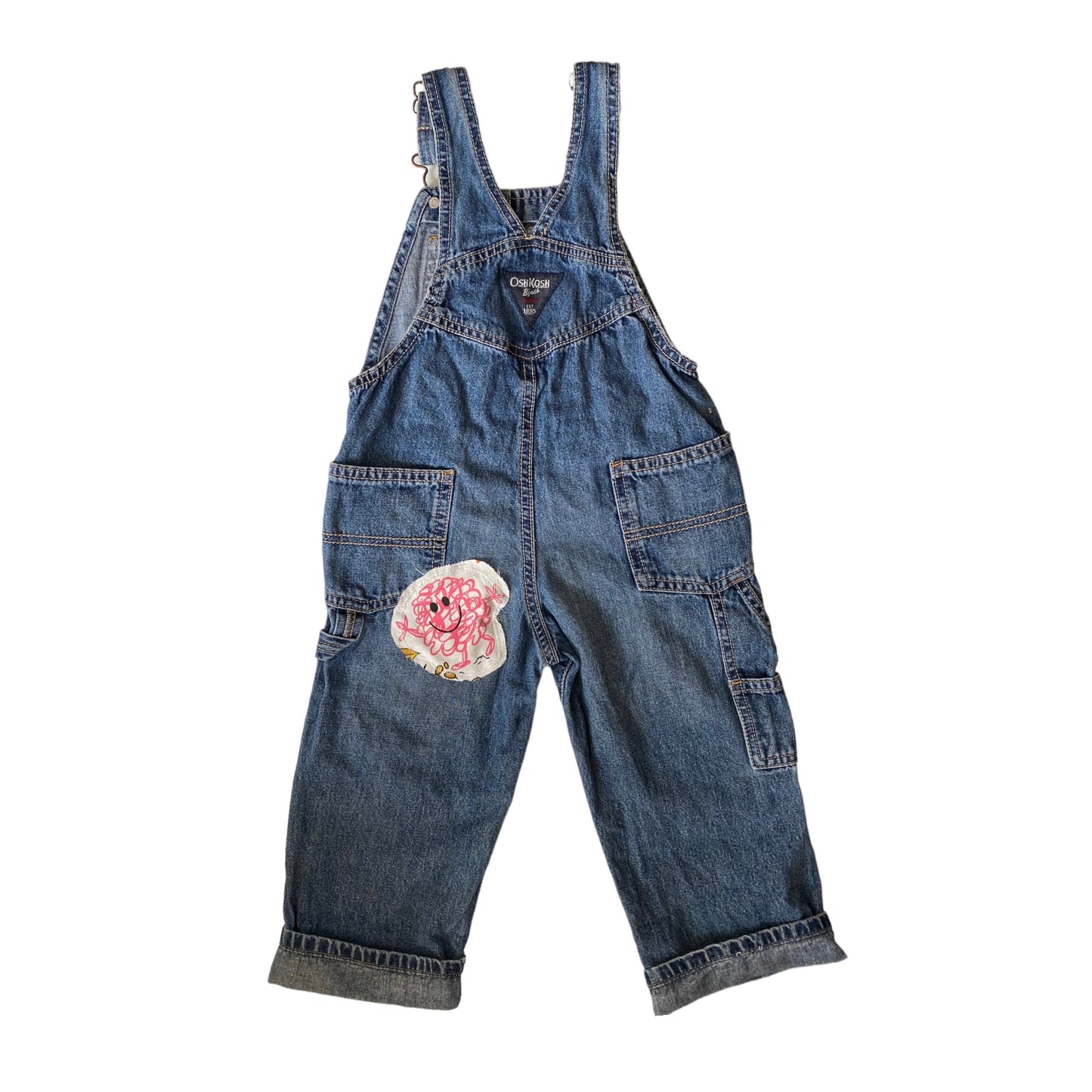 Upcycled Oshkosh dungarees with vintage 1970s mr men patches. Age 2 years