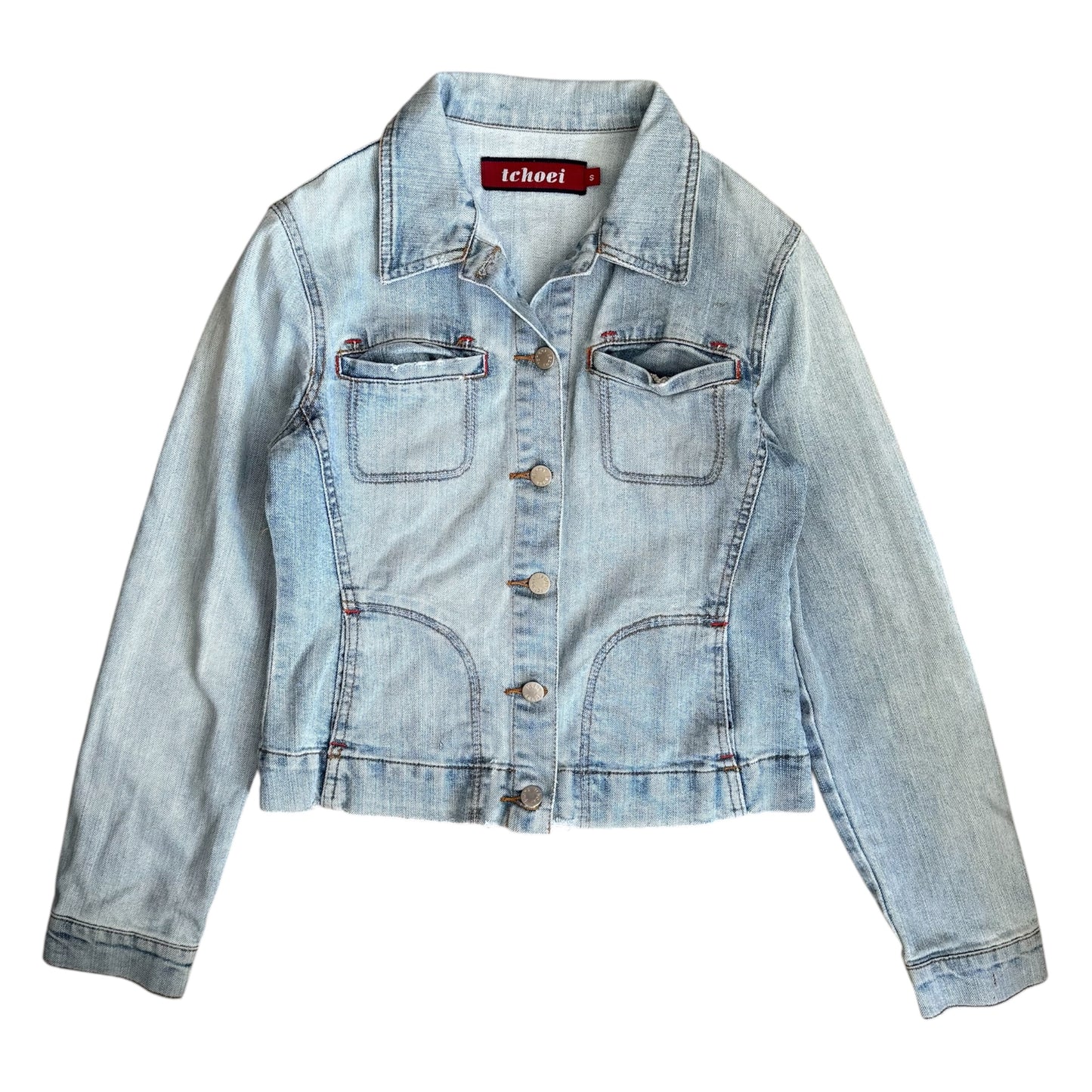 Vintage Y2K pale blue denim wash jacket with multiple pocket holes. Size 8