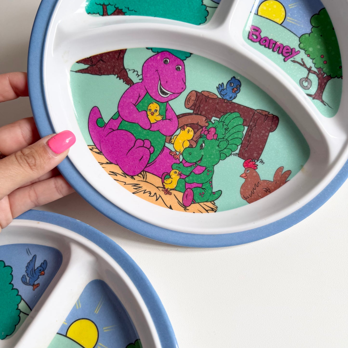 Set of vintage 1997 Barney melamine plates. Condition as shown.