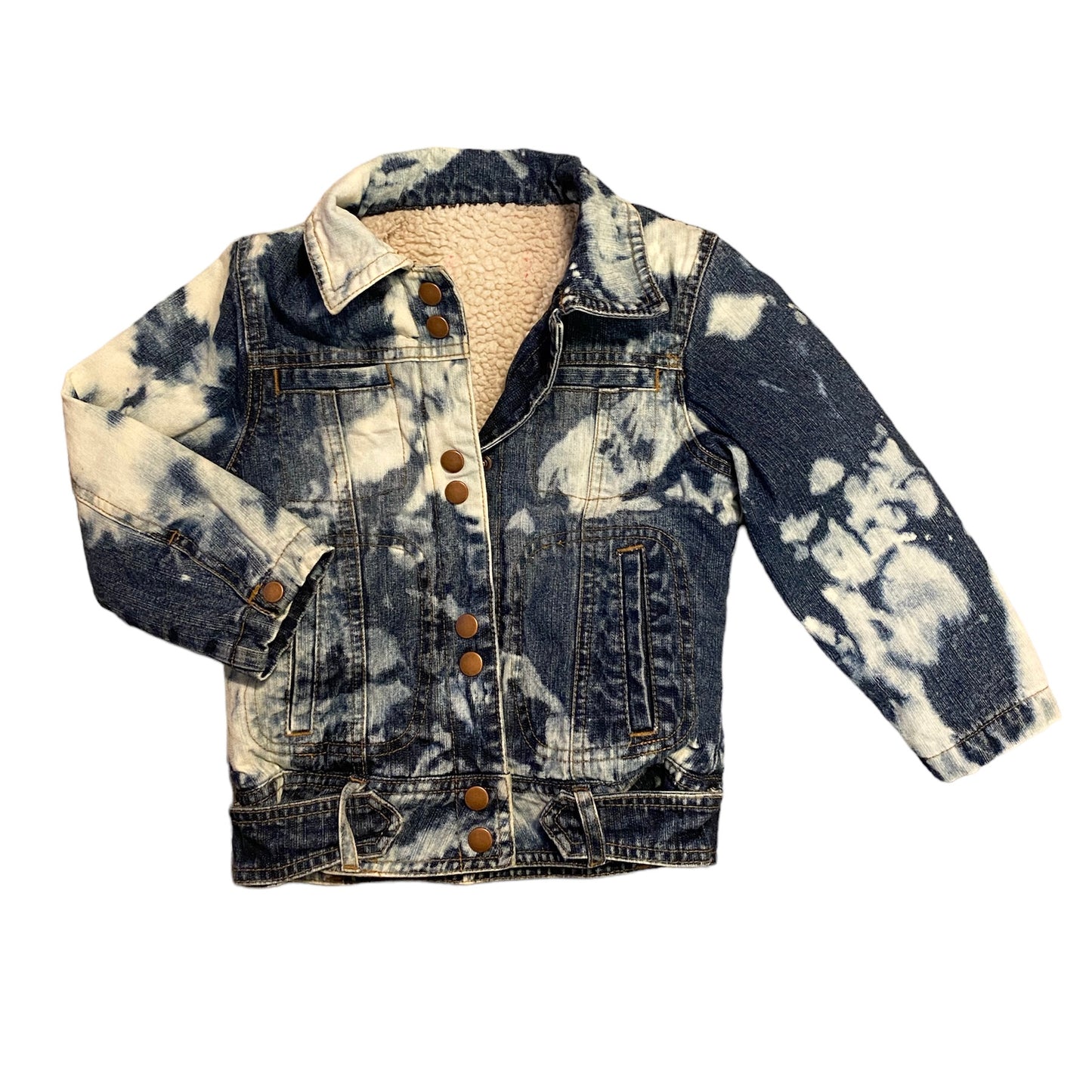 Reworked acid wash tie dye denim jacket - shearling lined. Age 3-4 years