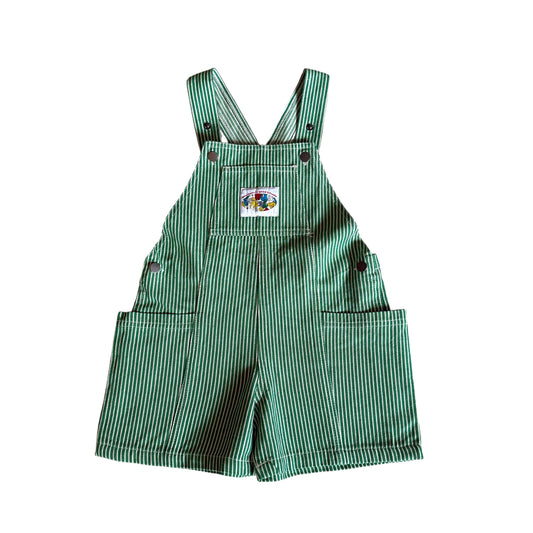 Green denim striped shortalls. Approx 5 years