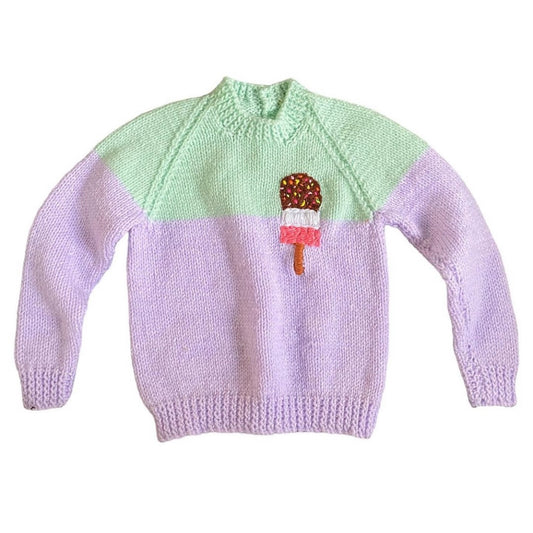 Purple + Mint knitted jumper with upcycled embroidery by LOVEDAGAINCLUB age 1 year