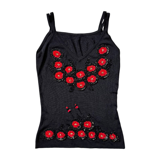 Vintage black & red sequin flower tank top. Size 8.