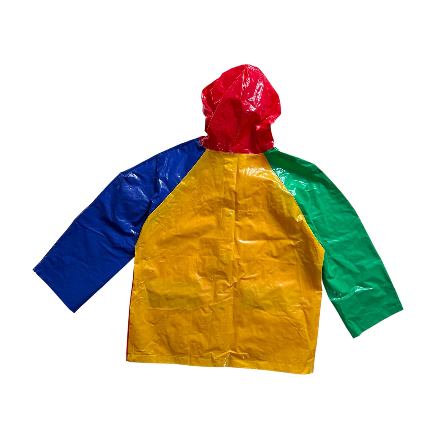 Vintage colourblock raincoat/ waterproof coat. See marks as shown. ( small hole under one armpit not noticeable on) Age 3-4 years