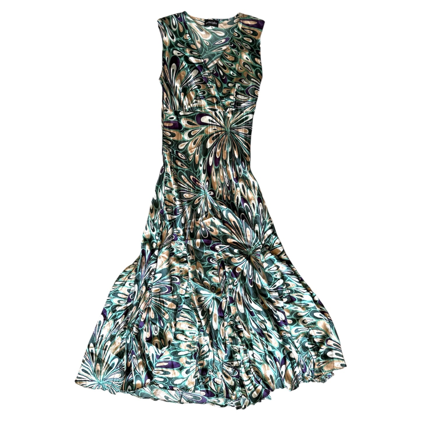Vintage Y2K teal printed principles 100% silk dress. Size 8.