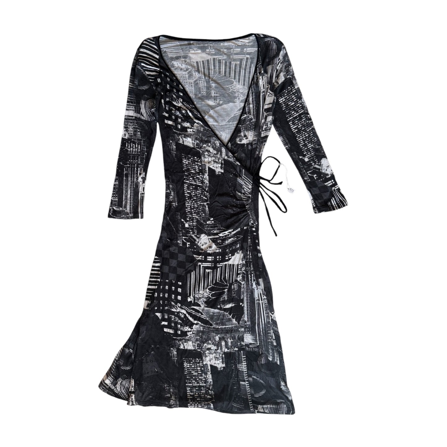 vintage 90s black and white abstract cityscape print bodycon wrap dress. Size S/8.