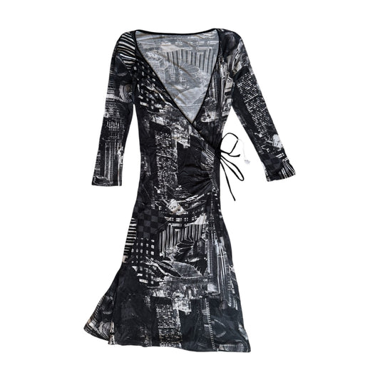 vintage 90s black and white abstract cityscape print bodycon wrap dress. Size S/8.