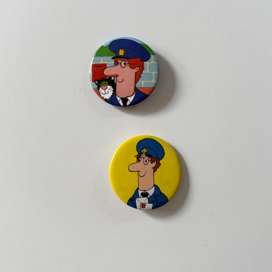 Vintage postman pat badges x2