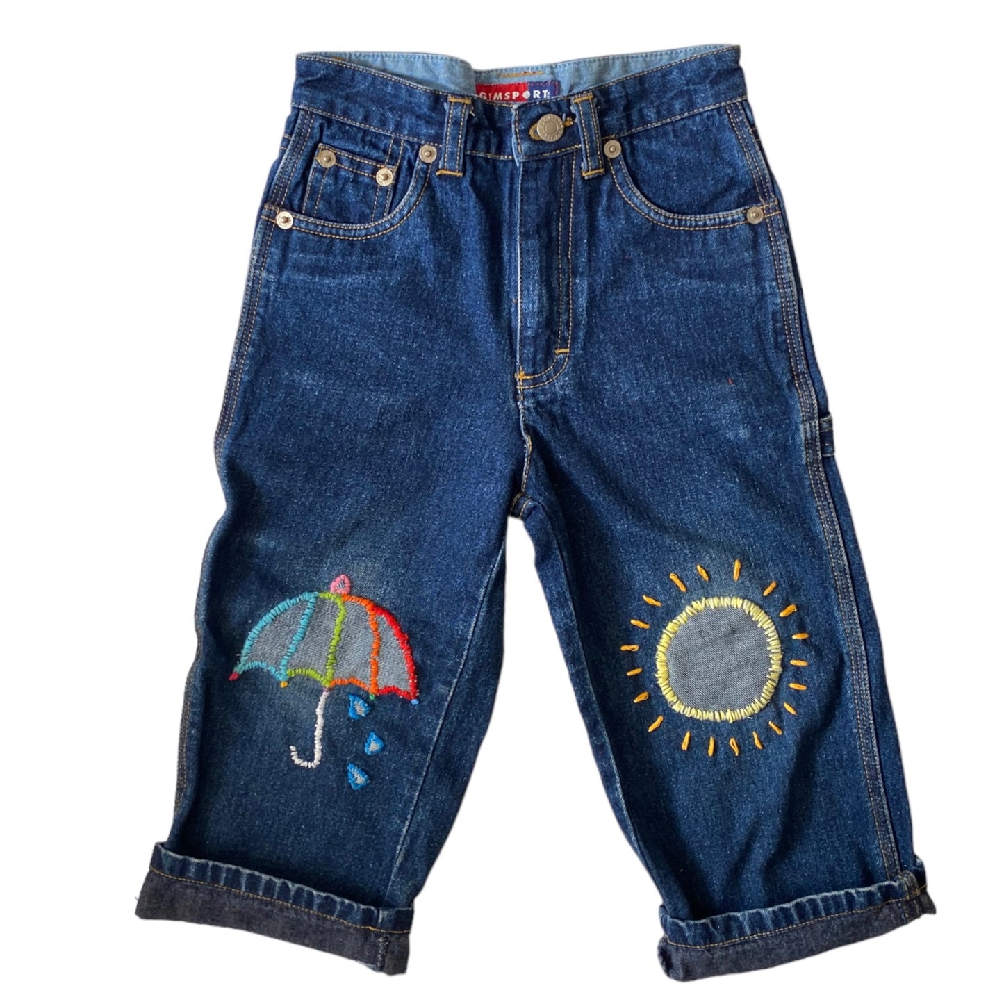 Vintage gymboree upcycled denim trousers ~ sun / umbrella print. 2-3 years