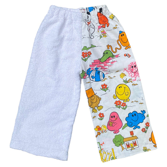 Handmade half n half’ LOVED AGAIN mr men 70s fabric + terry towelling printed trousers/ culottes. Size 4-5 years approx.