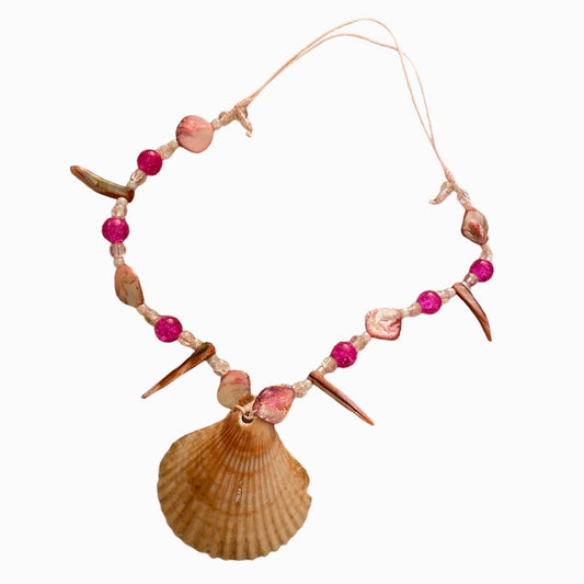 Y2k statement pink beaded SHELL choker necklace ~ adjustable string