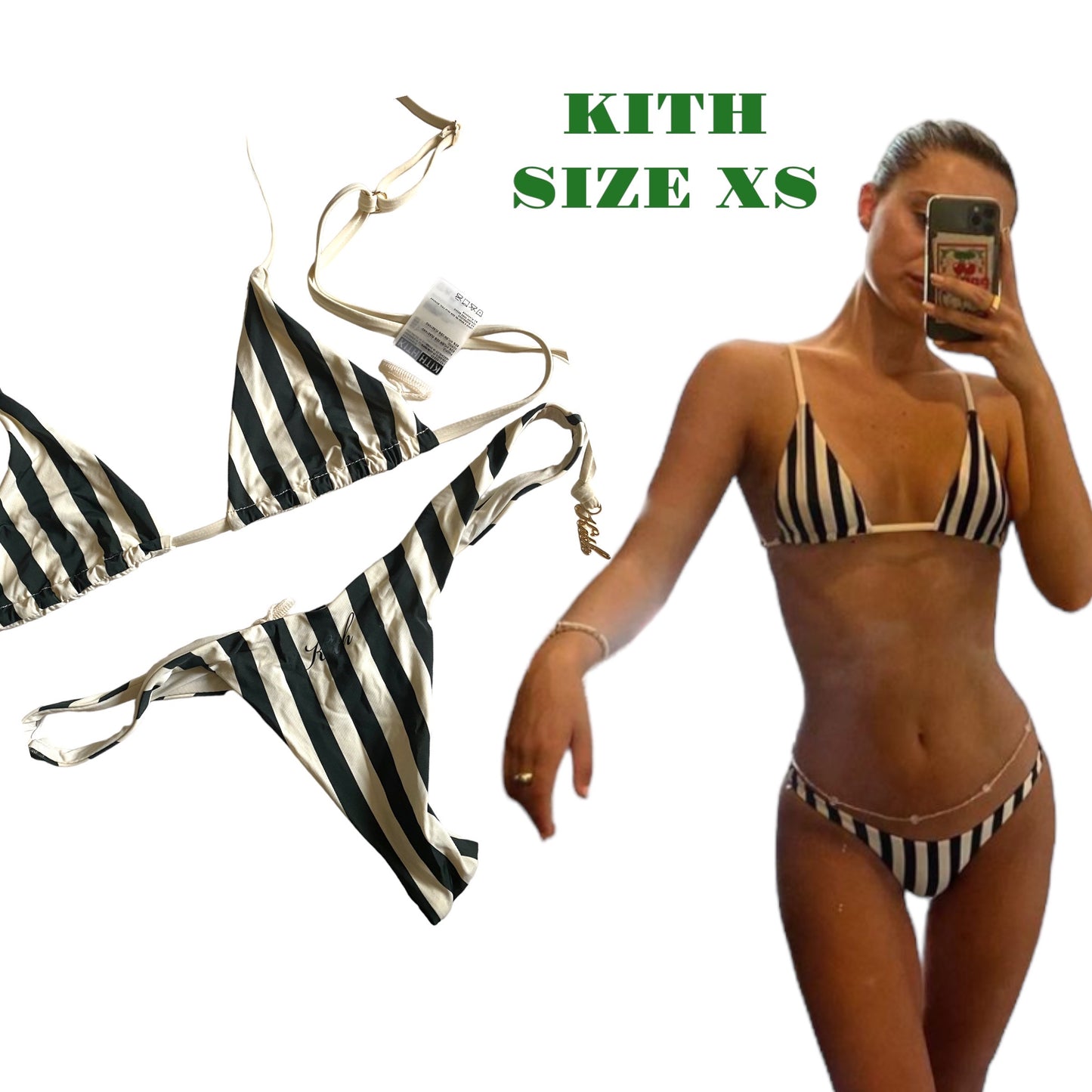 Kith forest green striped low rise bikini set. Size XS.