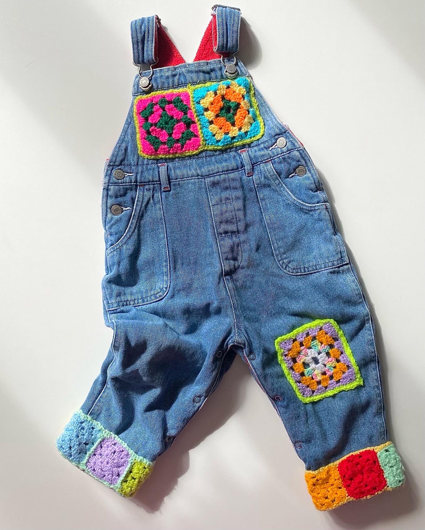 Upcycled crochet dungarees ~ lined with fleece. Age 9-12 months
