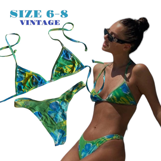 Vintage green & blue vintage triangle bikini size 6-8