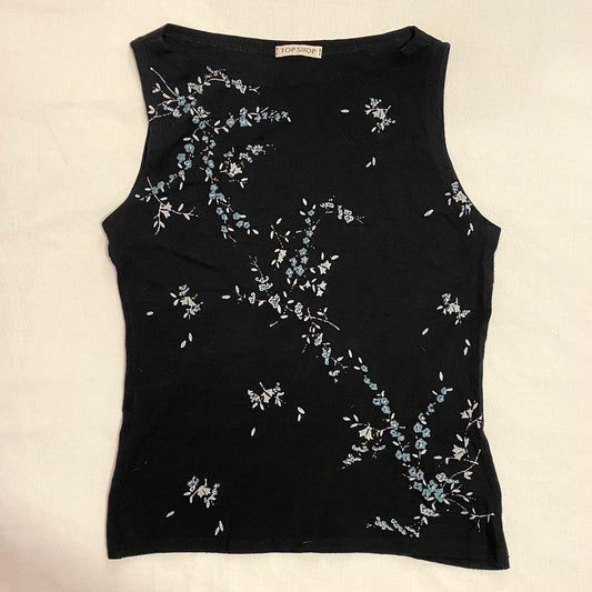 Vintage Y2K topshop black tank top with blue white floral design uk10