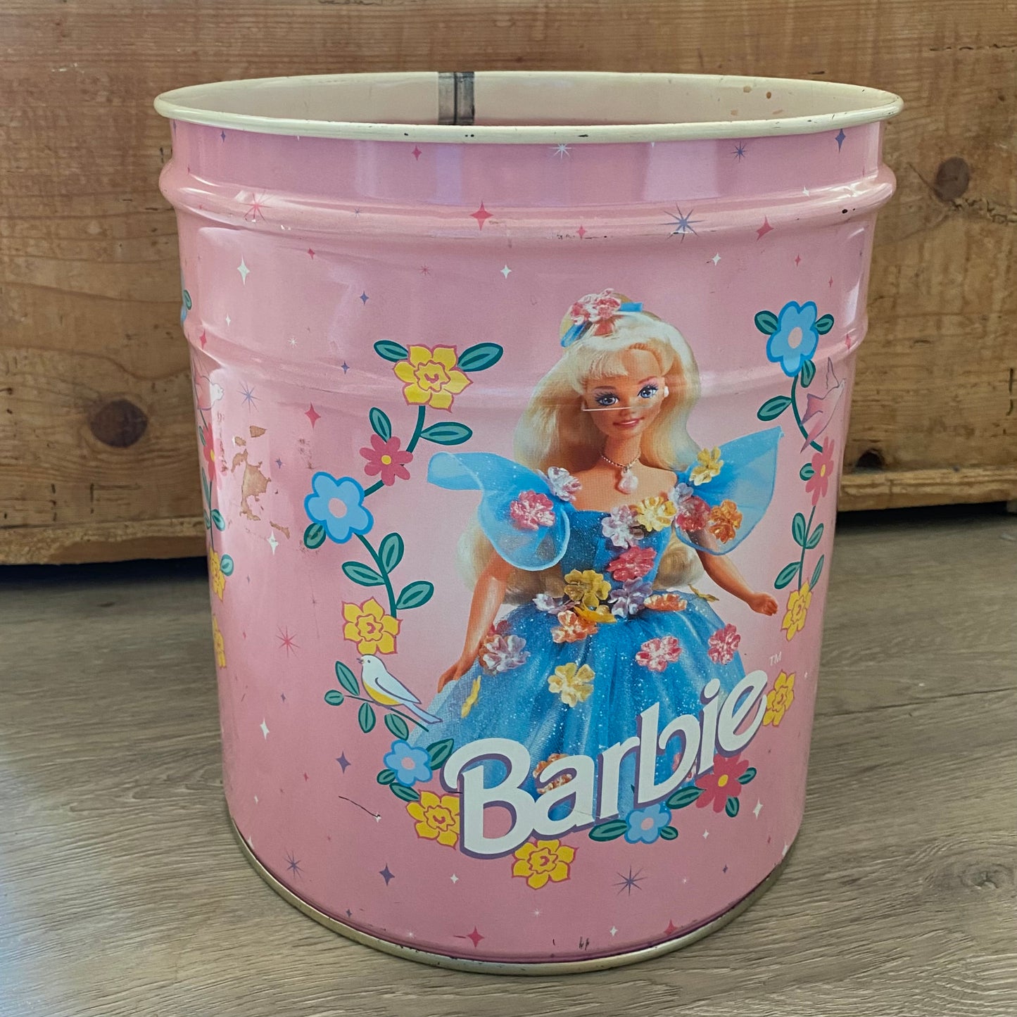Vintage 1996 Barbie pink tin Dustbin ~ rare