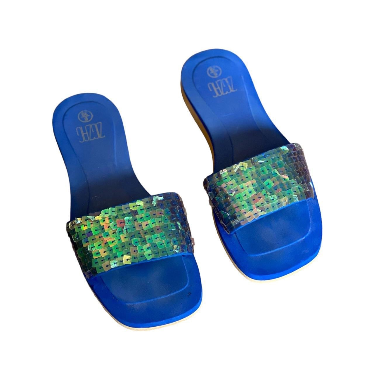 Vintage zig zag y2k blue sequin slide sandals size 6