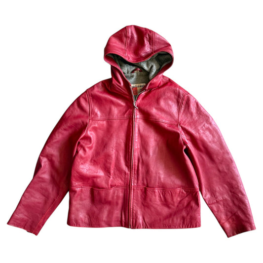 Vintage red genuine leather hooded jacket. Fleece lined. Size 12