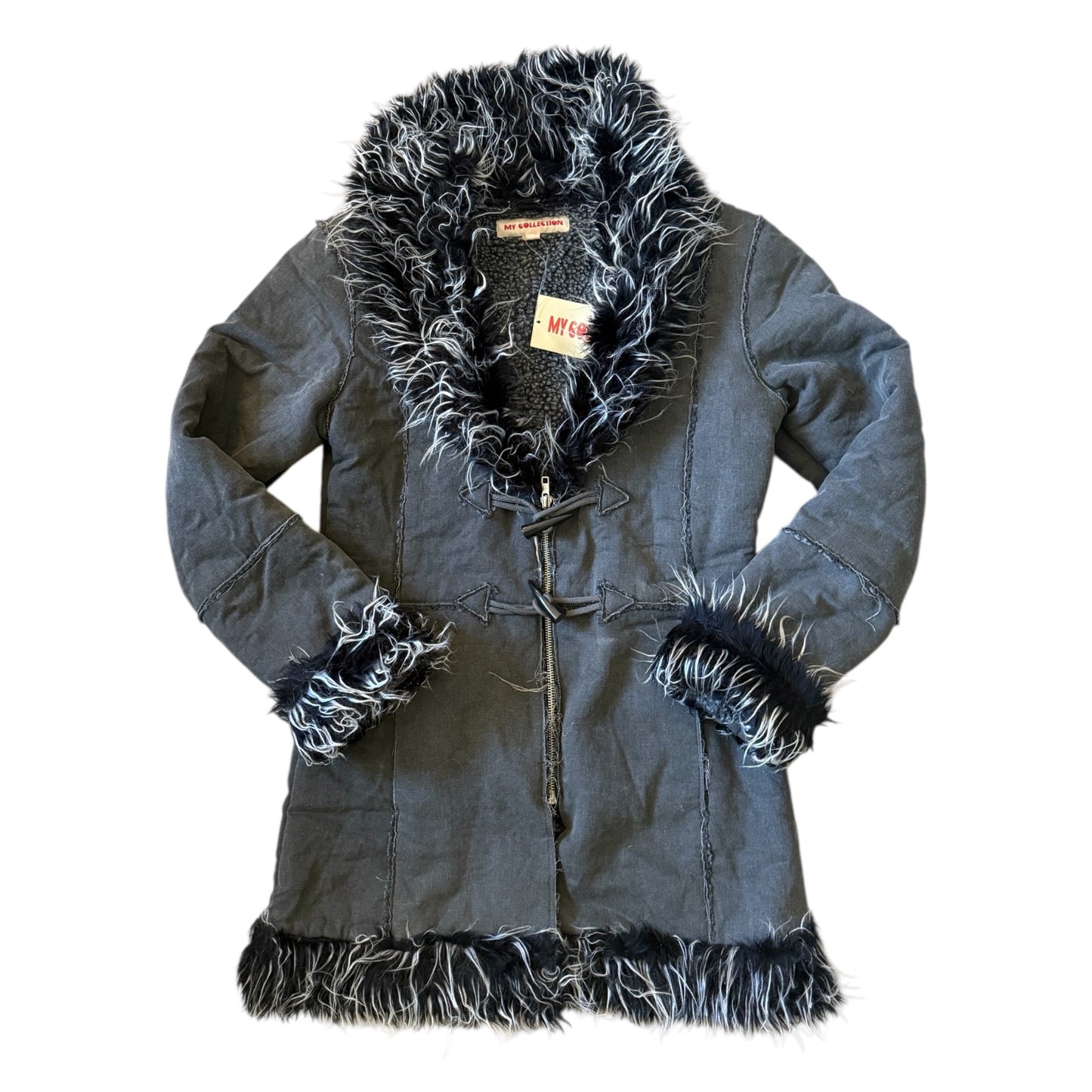 Vintage faux fur shaggy dark grey coat. Size S/8.