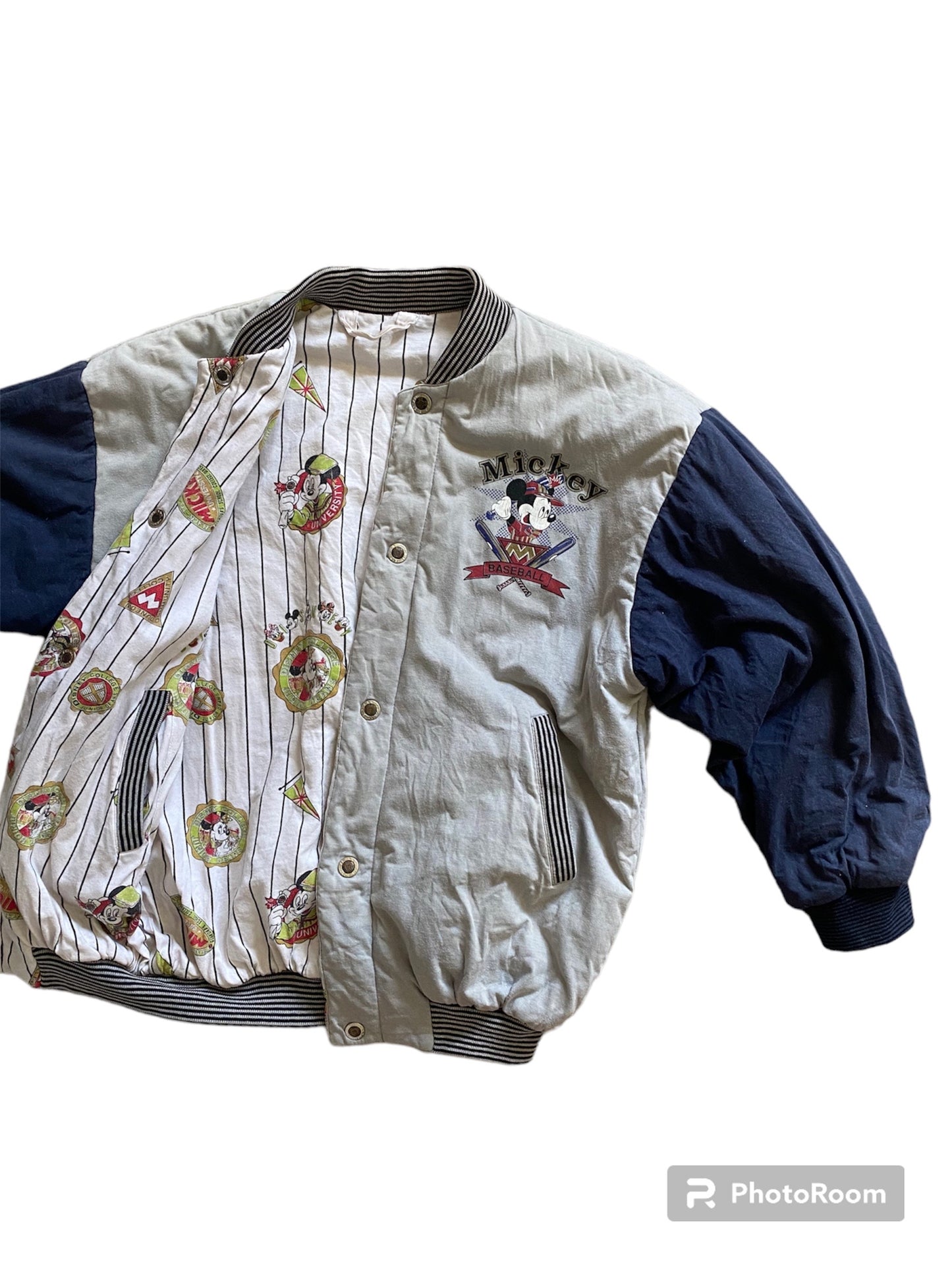 Vintage grey & navy blue reversible Mickey Mouse baseball jacket - big kids! Size 10-12 years