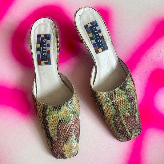 Rare snakeprint vintage office kitten heel mules UK5