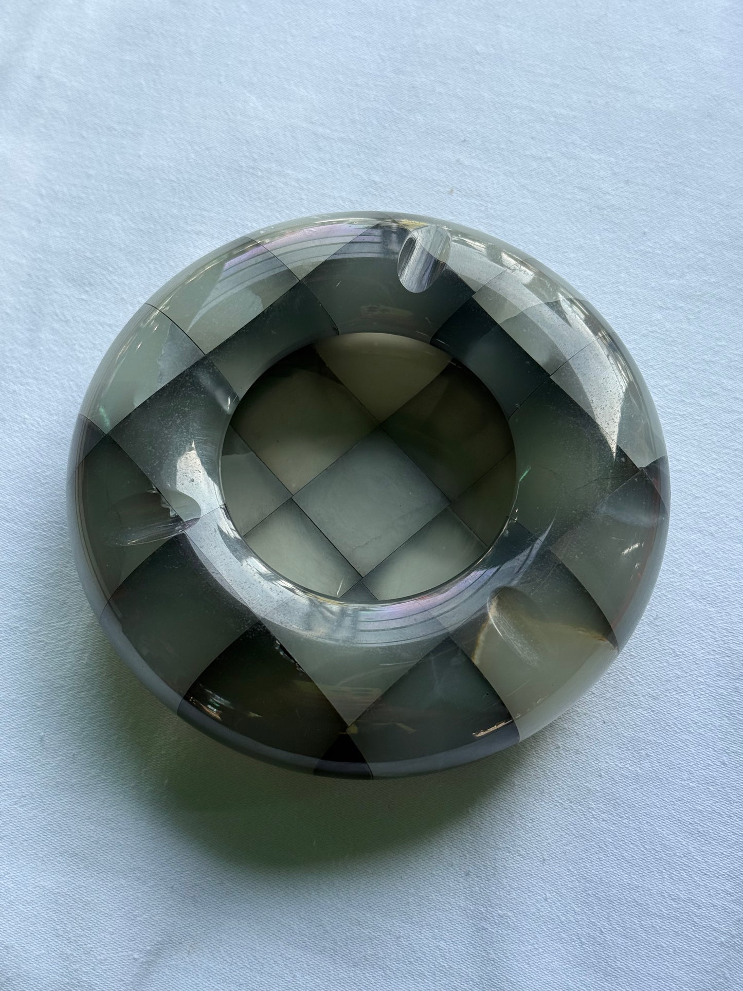 Vintage dark grey checkered style onyx marble ashtray.