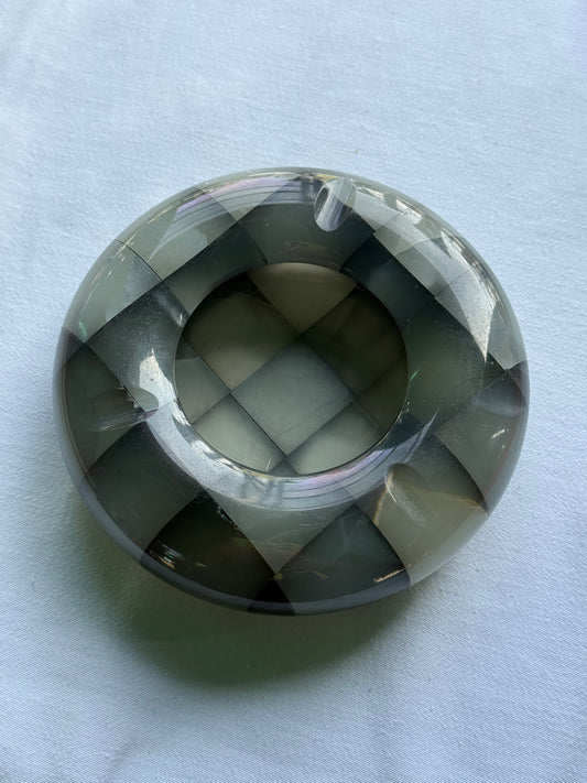Vintage dark grey checkered style onyx marble ashtray.