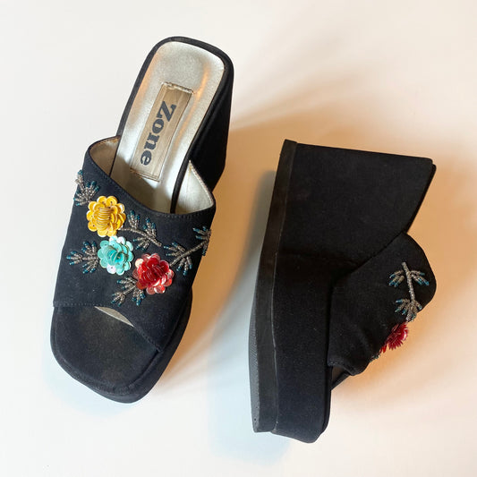 Vintage Y2K black platform wedges with sequin floral design Uk size 4