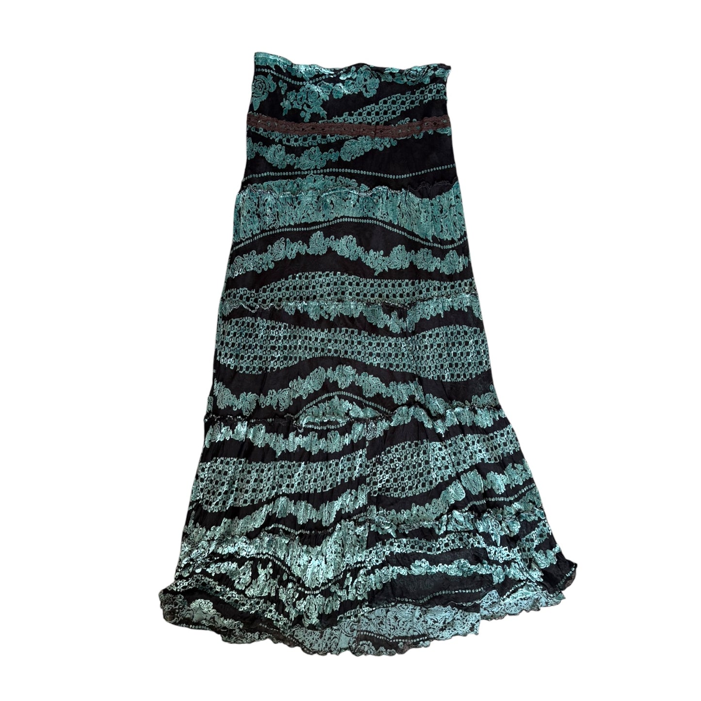 Vintage Peruna long lined velour and mesh skirt in turquoise & black. Size 12