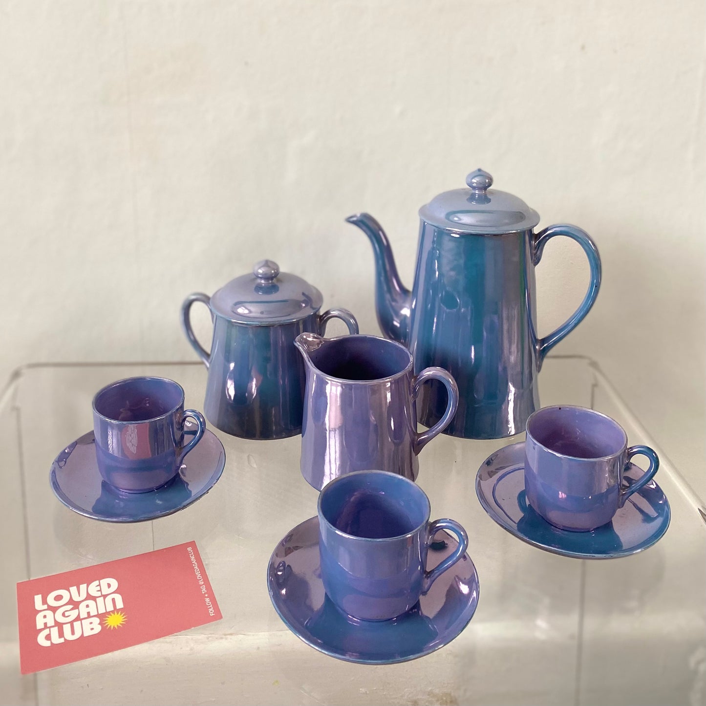 Vintage purple iridescent thin China tea set.