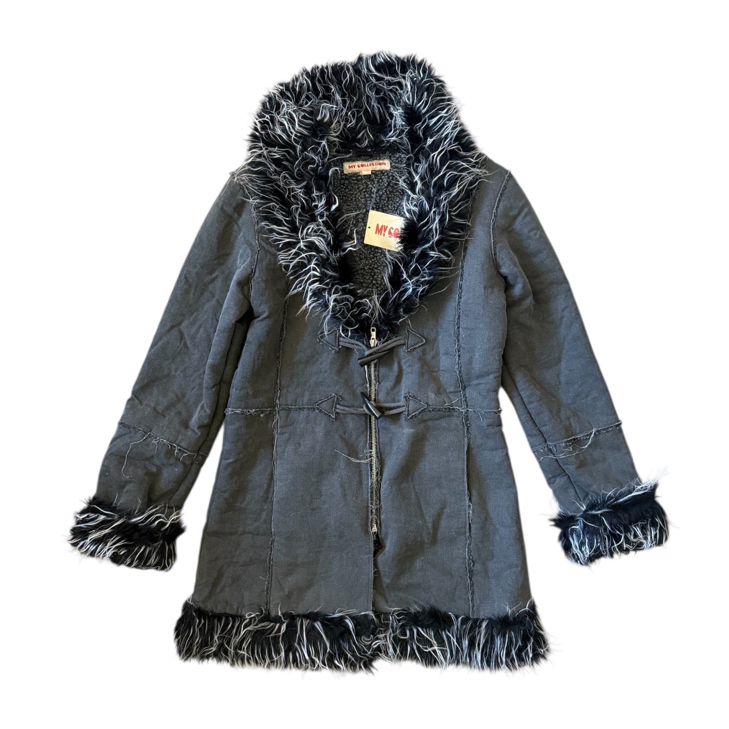 Vintage faux fur shaggy dark grey coat. Size S/8.
