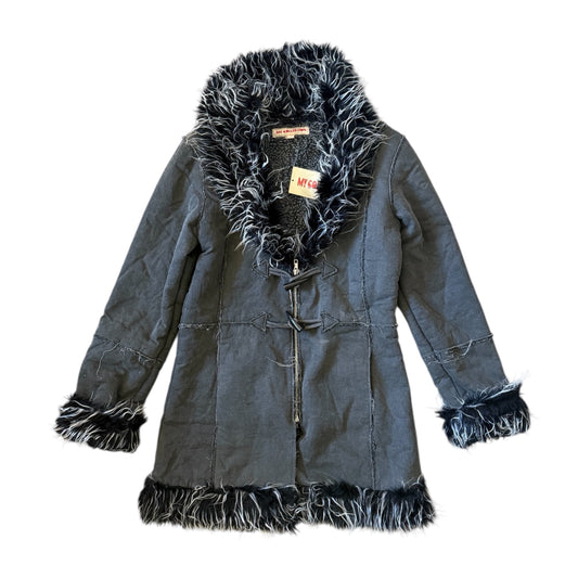Vintage faux fur shaggy dark grey coat. Size S/8.