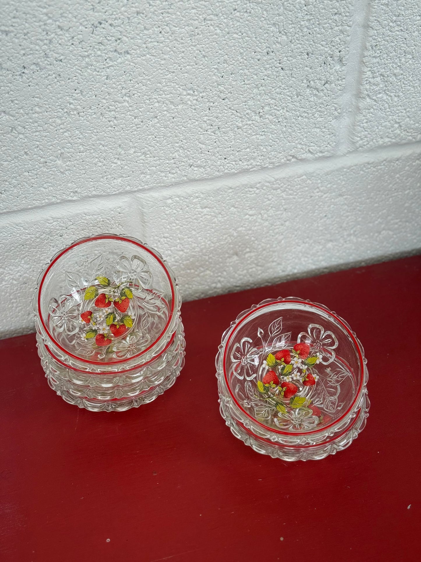 Vintage glass dessert dishes with a floral strawberry print