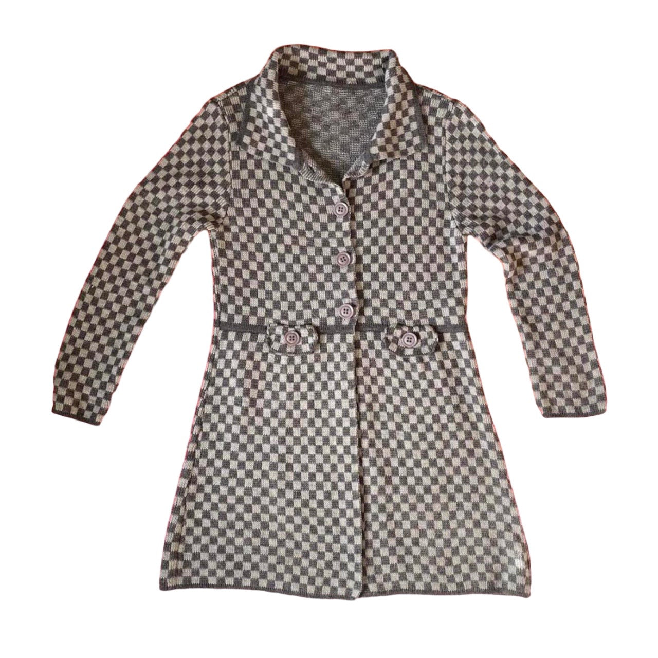 Wool blend check print long lined chunky cardigan jacket size 8-10