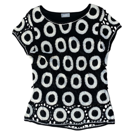 Vintage 2000s Wallis short sleeved crochet top in monochrome black and white circular design. Size M / 10-12
