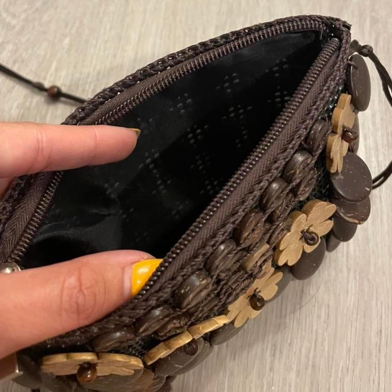 Vintage wooden beaded crossbody bag in dark brown