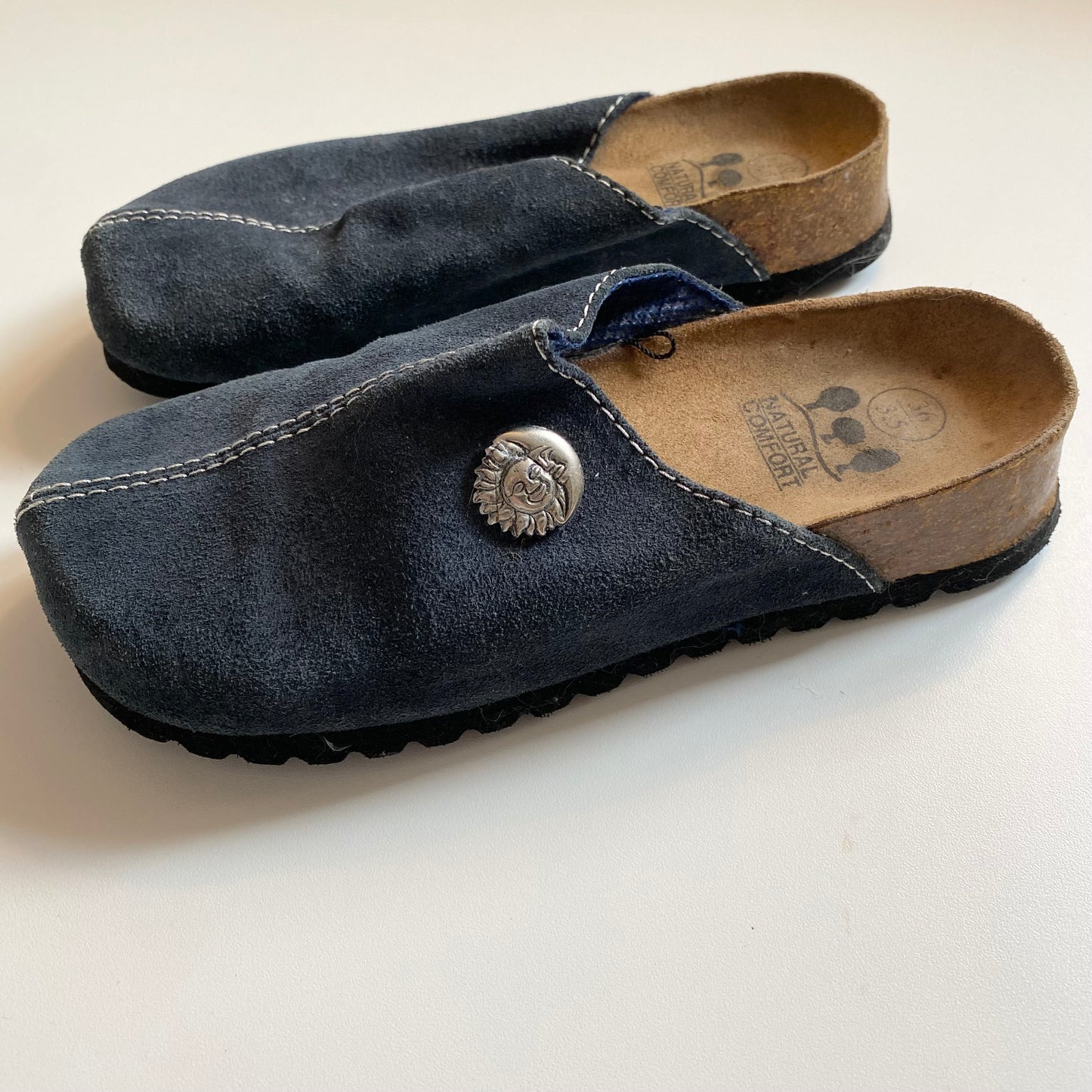 Dark grey vintage clog slide on mules. Sun detailing. Size 3.