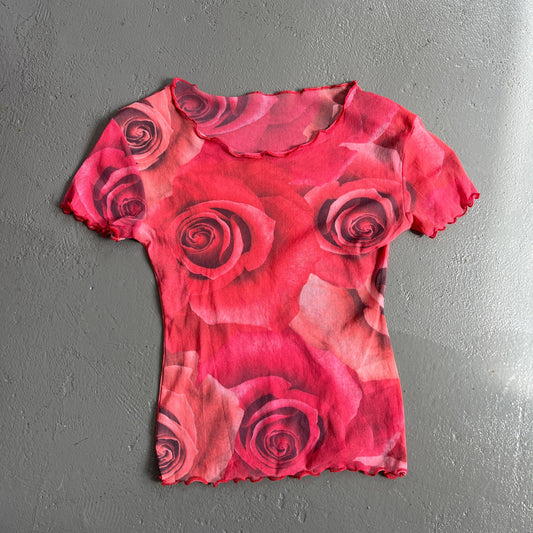 Vintage Y2K mesh rose printed cropped top. Size S/ 8-10 ( has stretch)