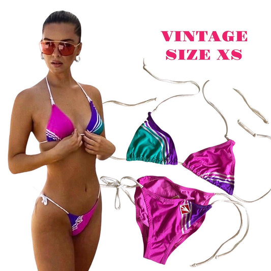 Vintage sporty 1990’s pink/purple & teal triangle bikini set in size XS