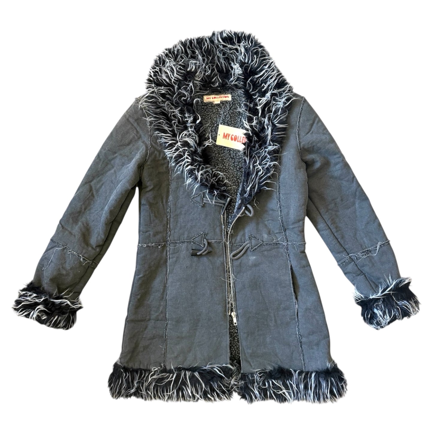 Vintage faux fur shaggy dark grey coat. Size S/8.