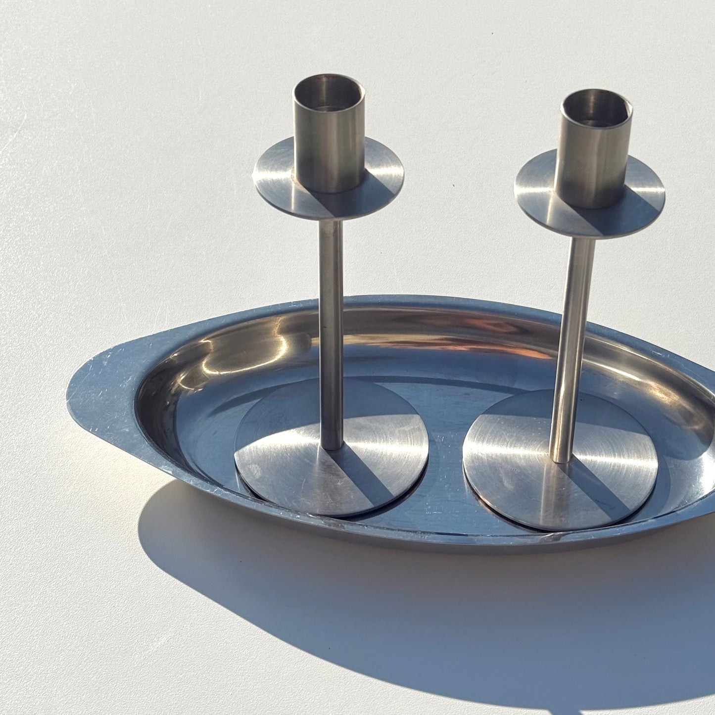 Mid Century silver plated candle holders with separate tray base