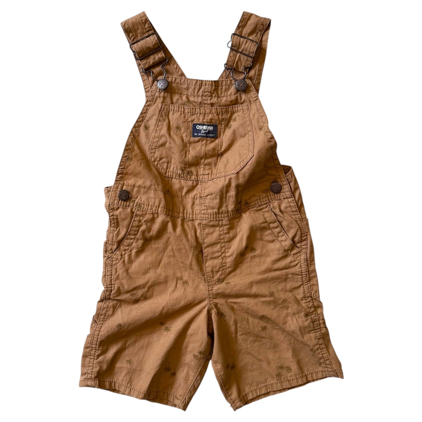 Oshkosh tan palm tree printed shortalls. Size 4T