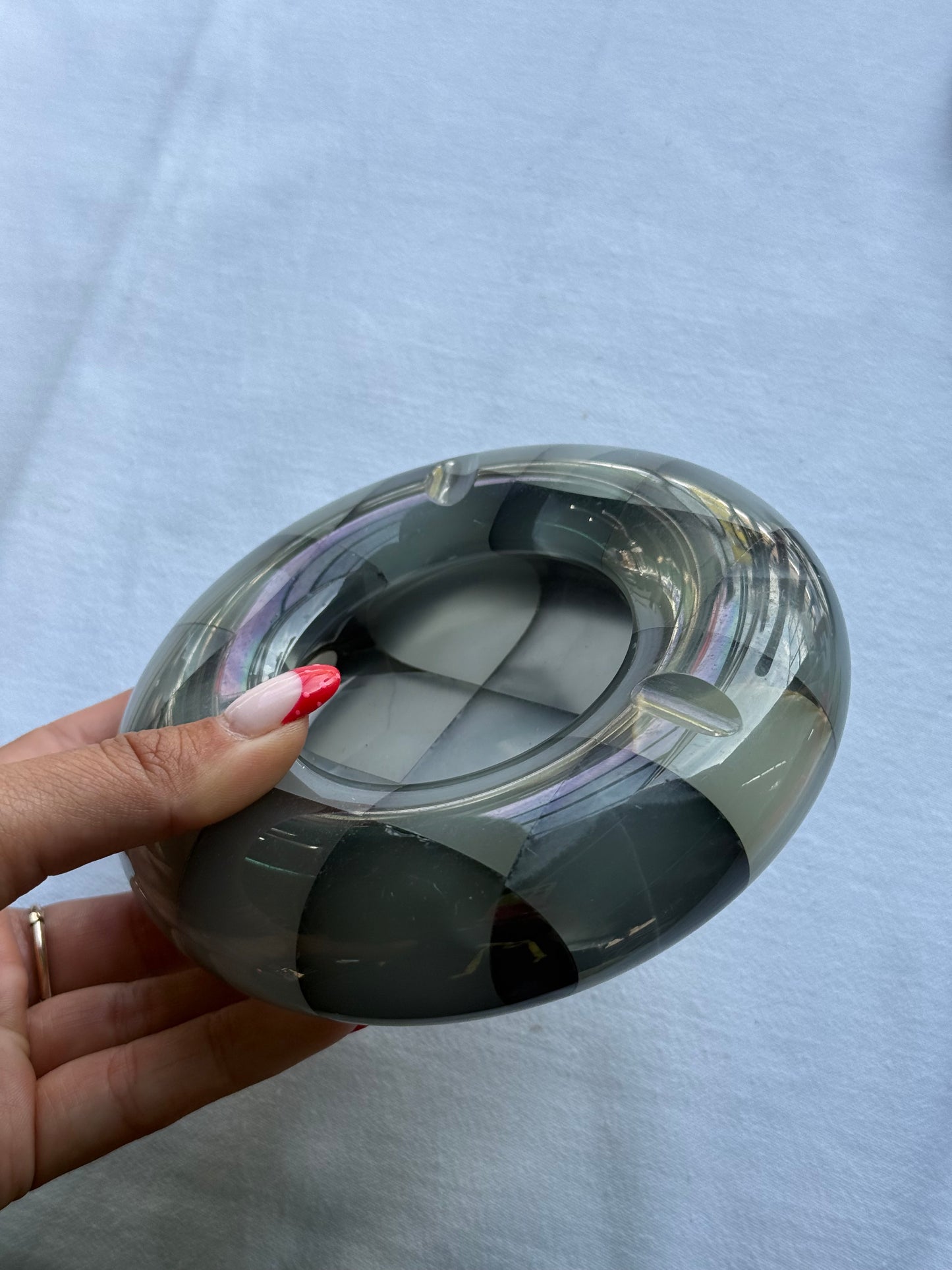 Vintage dark grey checkered style onyx marble ashtray.