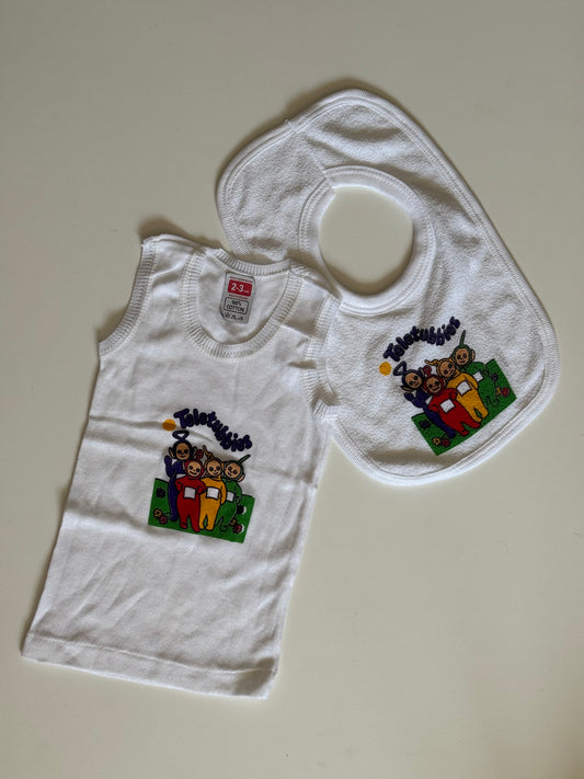 Vintage Teletubbies vest + bib . 
Vest is size 2-3 but comes up smaller more like 1-2 years.