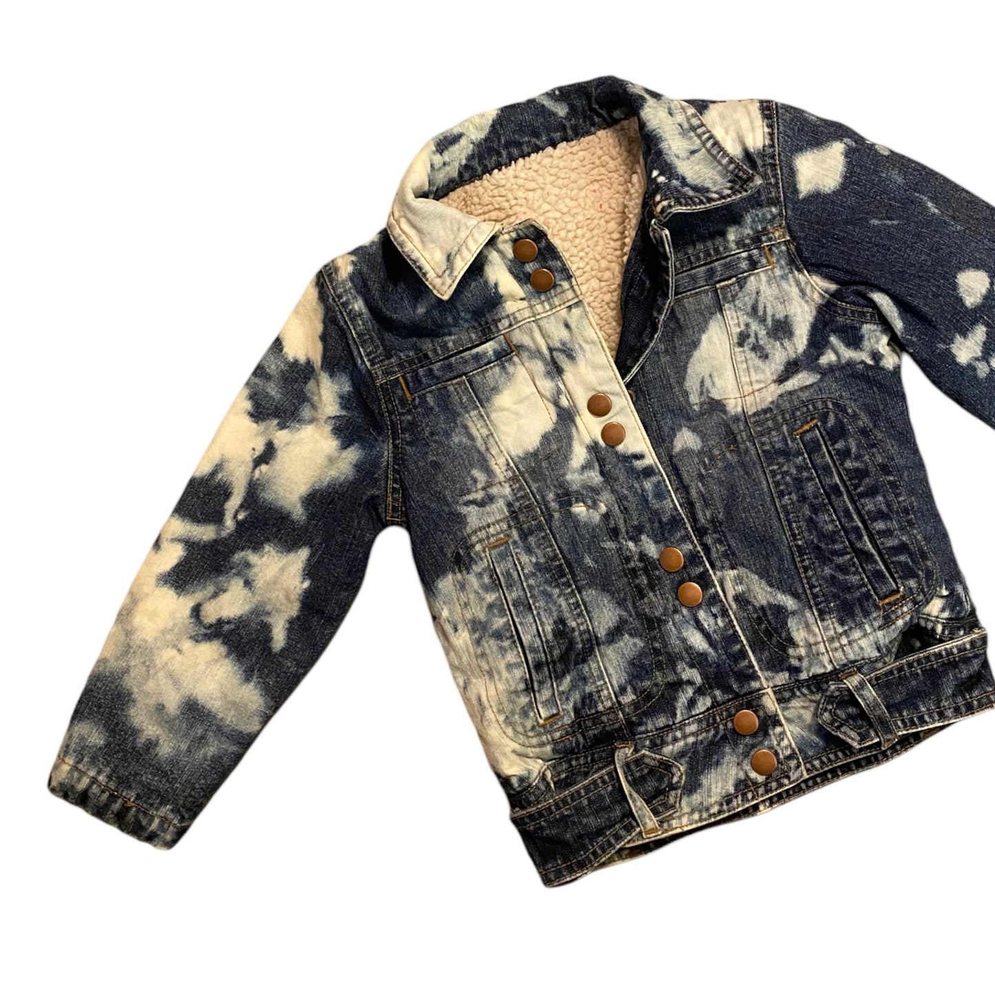 Reworked acid wash tie dye denim jacket - shearling lined. Age 3-4 years