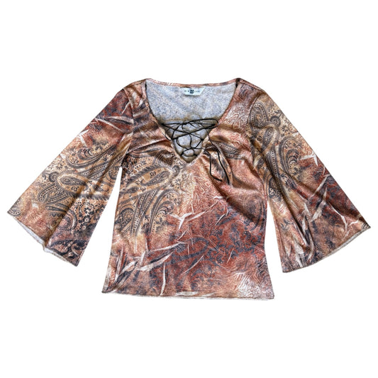 Vintage brown tie up new look bohemian mid length sleeve top. Size 10-12