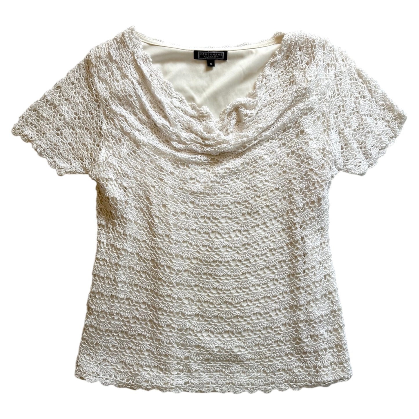 Vintage 90s Debenhams white cowl neck crochet top. Size 12
